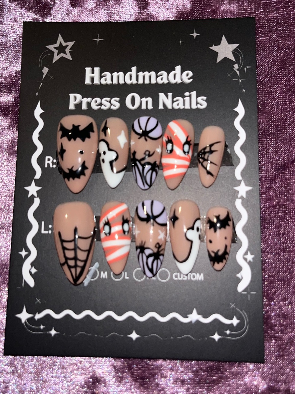 Handmade Press On Nails - Halloween Nude, Black & Coral Design